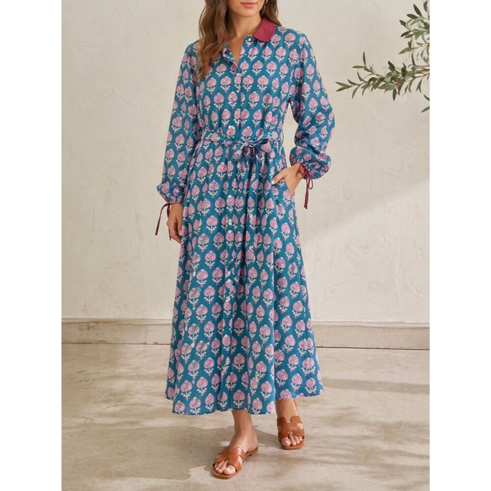 NWT Pomegranate Teal Floral Shirt Dress Medium Cotton Belted Button Front Midi